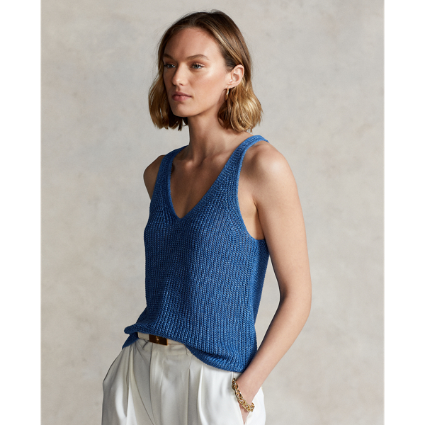Retreat Blue Rib-Knit Linen Sweater Tank Top Polo Ralph Lauren 1