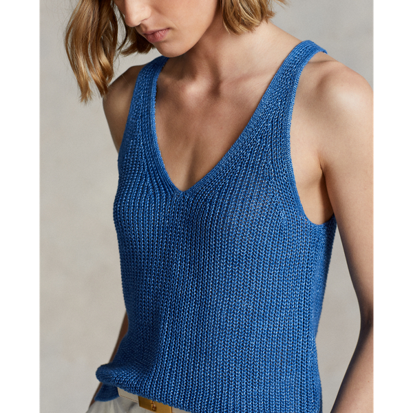 Retreat Blue Rib-Knit Linen Sweater Tank Top Polo Ralph Lauren 6