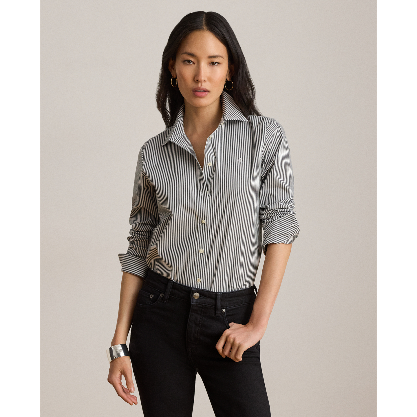 Женская рубашка Ralph Lauren Classic Fit Striped Cotton, цвет: Чёрный / Белый — фото 4