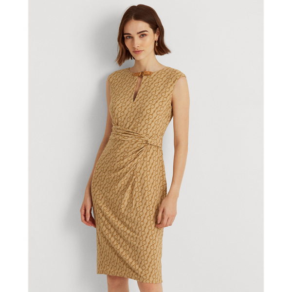 Tan Multi Chain-Print Twist-Front Jersey Dress Lauren 4