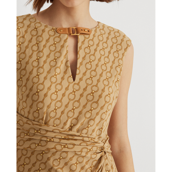 Tan Multi Chain-Print Twist-Front Jersey Dress Lauren 6