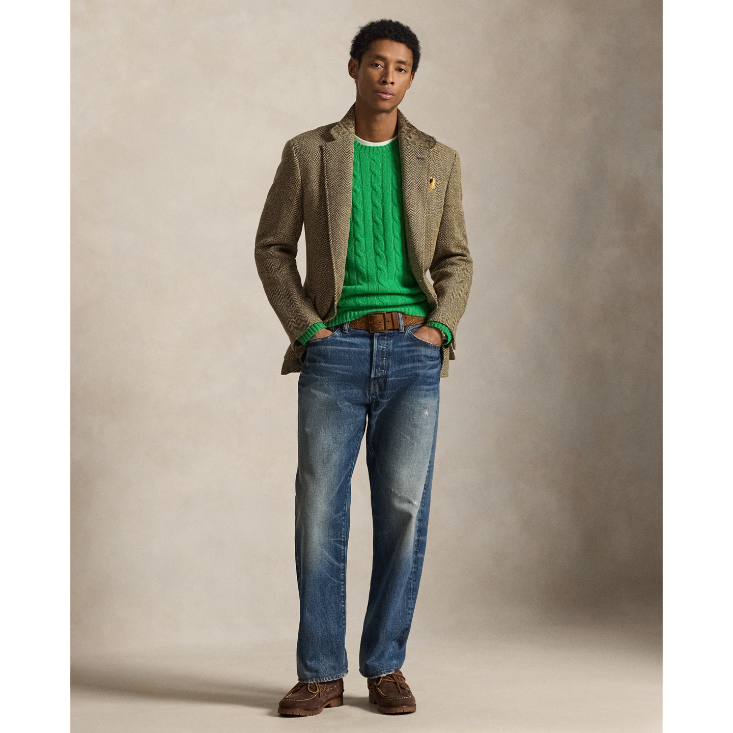 Мужская куртка Polo Ralph Lauren The RL67 Linen-Blend Herringbone, цвет: Кремовый / Коричневый — фото 1