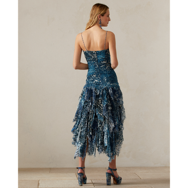 Blue Multi Tyreece Floral Lace Cocktail Dress Ralph Lauren Collection 5