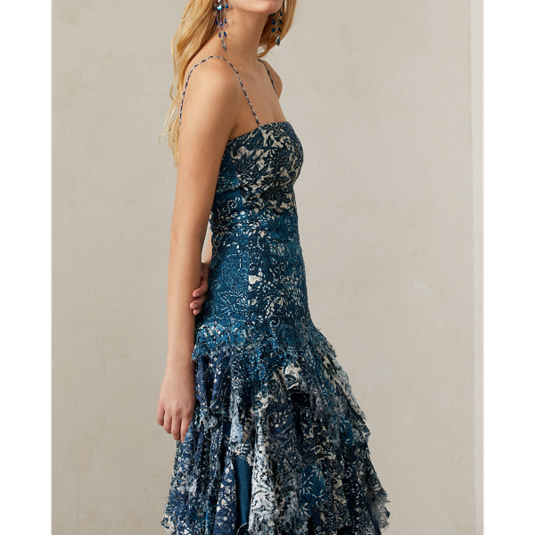 Blue Multi Tyreece Floral Lace Cocktail Dress Ralph Lauren Collection 6