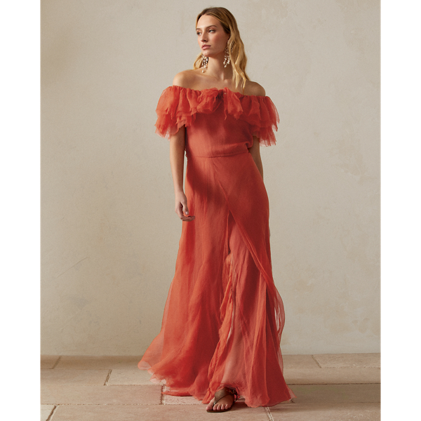 Pastel Orange Sanjar Off-the-Shoulder Evening Dress Ralph Lauren Collection 6