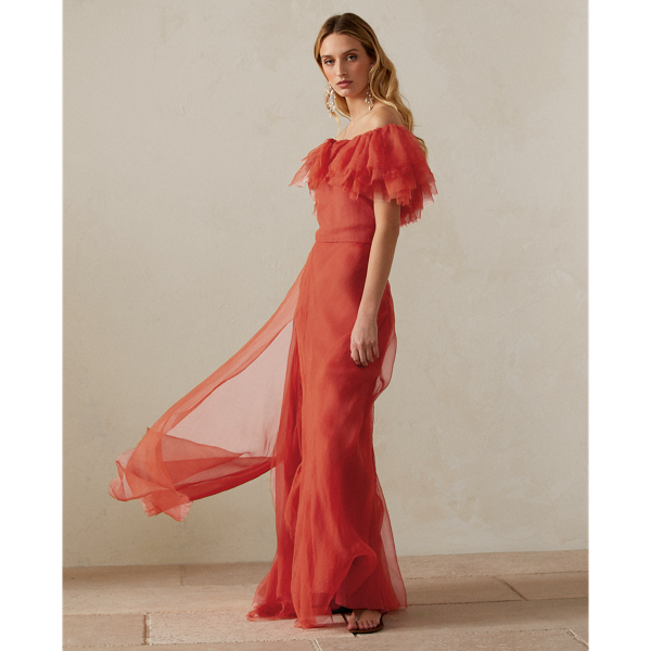 Pastel Orange Sanjar Off-the-Shoulder Evening Dress Ralph Lauren Collection 7