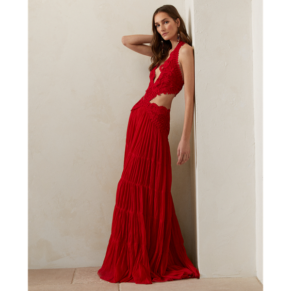 Robe de soir&eacute;e Wynter dos nu en tulle Ralph Lauren Collection en Rouge coquelicot 7