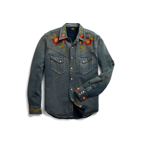 Geborduurd indigo jersey overhemd RRL in 1