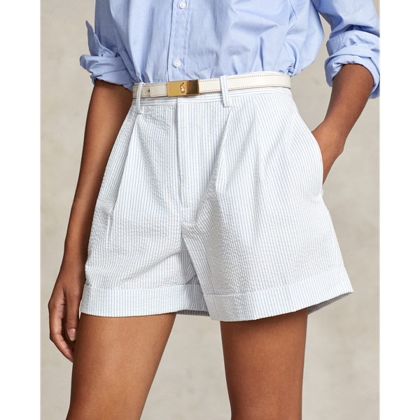 White/Blue Seersucker Pleated Seersucker Short Polo Ralph Lauren 6