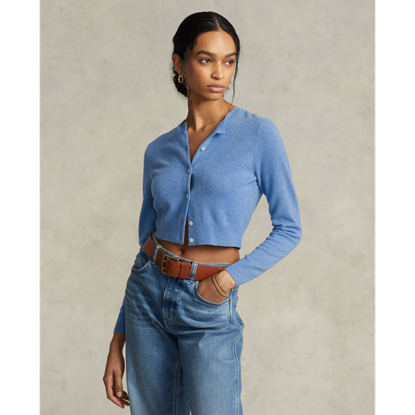 Lake Blue Heather Cropped Cashmere Crewneck Cardigan Polo Ralph Lauren 1