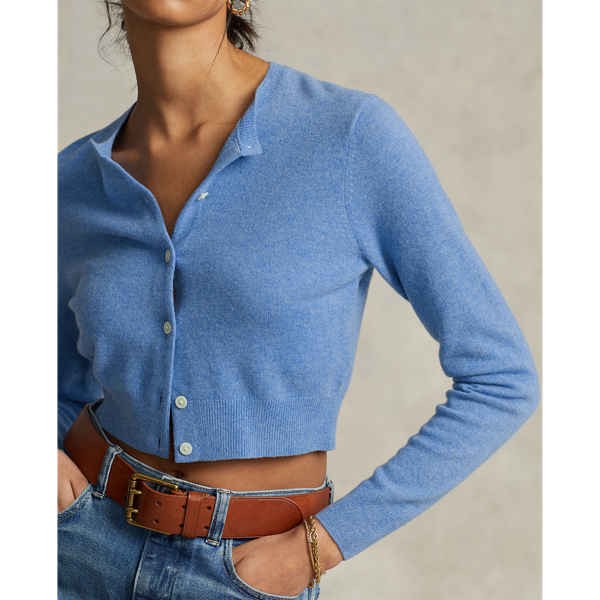 Lake Blue Heather Cropped Cashmere Crewneck Cardigan Polo Ralph Lauren 5