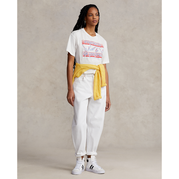 Cropped jersey T-shirt met print Polo Ralph Lauren in Deckwash white 4
