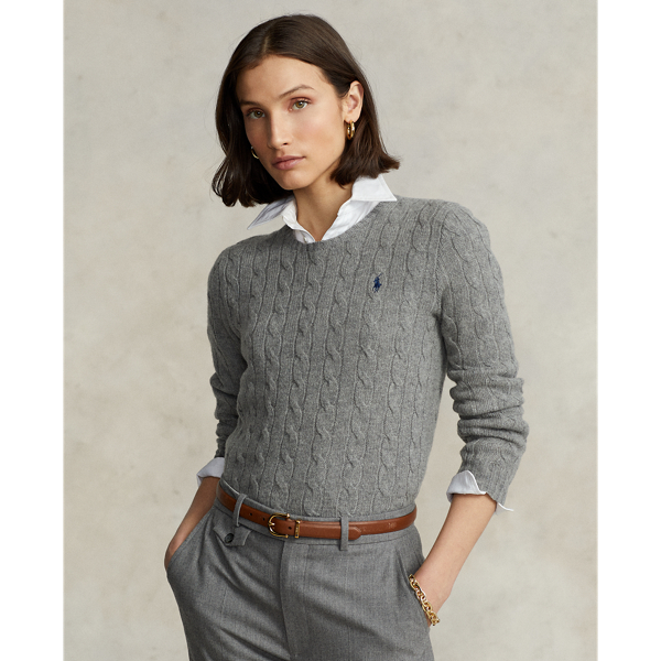 Fawn Grey Heather Cable Wool-Cashmere Crewneck Sweater Polo Ralph Lauren 1