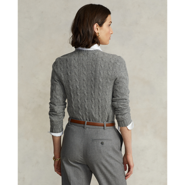 Fawn Grey Heather Cable Wool-Cashmere Crewneck Sweater Polo Ralph Lauren 5