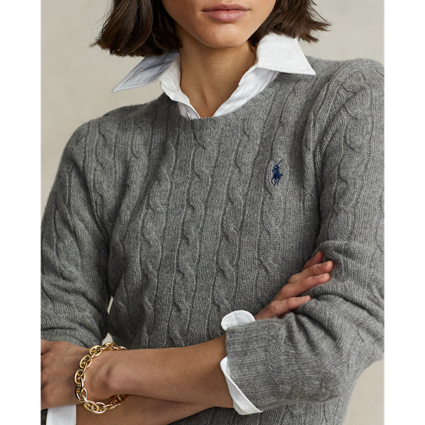Fawn Grey Heather Cable Wool-Cashmere Crewneck Sweater Polo Ralph Lauren 6