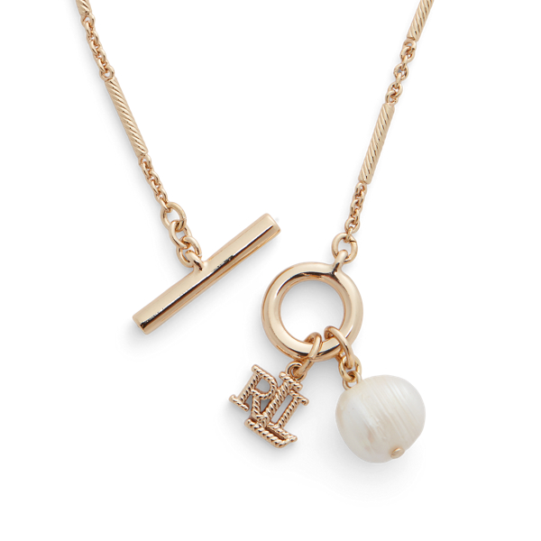 Gold/White Pearl Gold-Tone Logo & Pearl Pendant Necklace Lauren 2