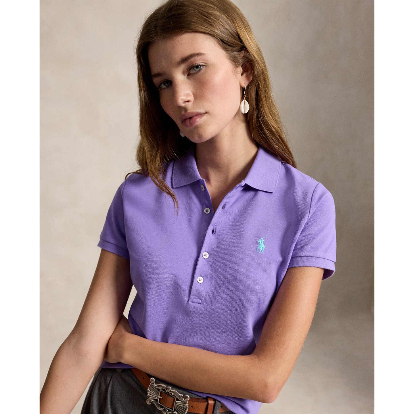 Женское поло Ralph Lauren Slim Fit Stretch Polo, цвет: Фиолетовый — фото 3