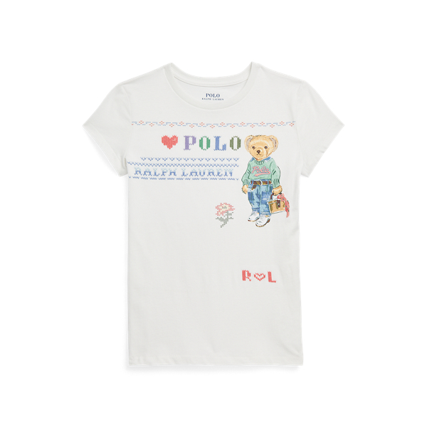 T-shirt de algod&atilde;o bordada Polo Bear Girls 7-14 Years em 1