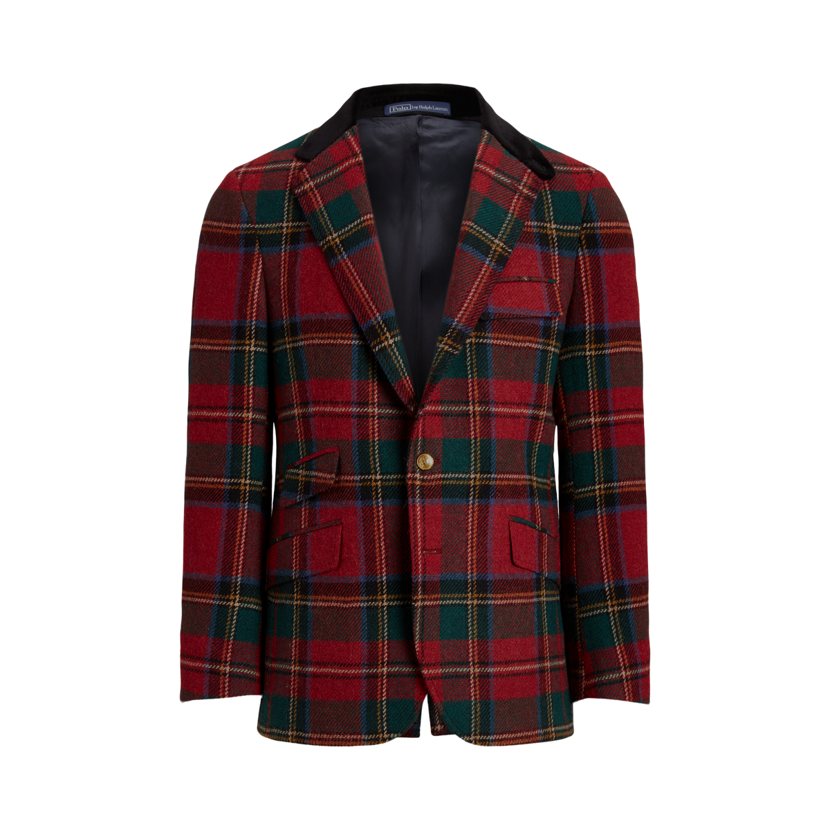 Velvet-Collar Plaid Wool Jacket
