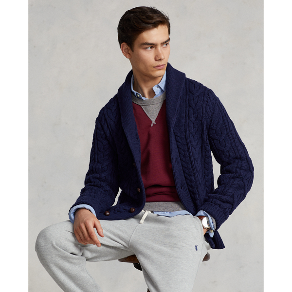 Hunter Navy Aran-Knit Wool-Cashmere Shawl Cardigan Polo Ralph Lauren 1