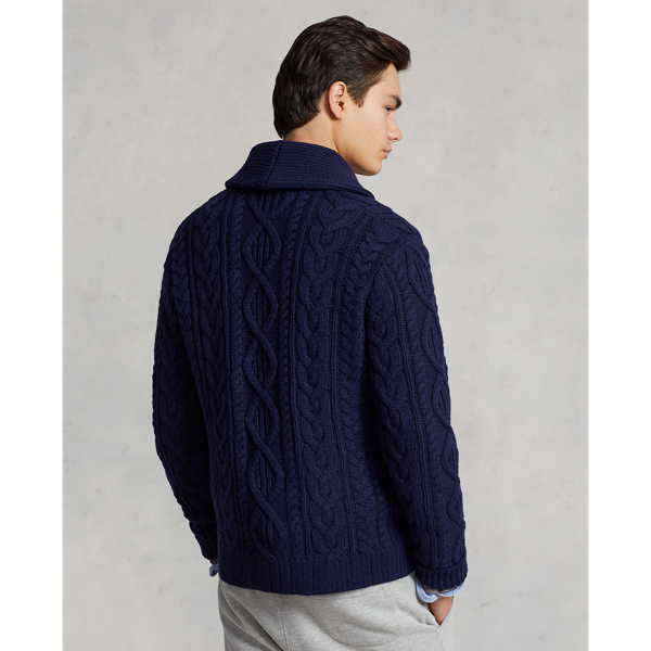 Hunter Navy Aran-Knit Wool-Cashmere Shawl Cardigan Polo Ralph Lauren 5