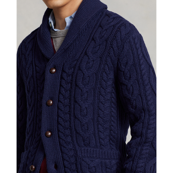 Hunter Navy Aran-Knit Wool-Cashmere Shawl Cardigan Polo Ralph Lauren 6