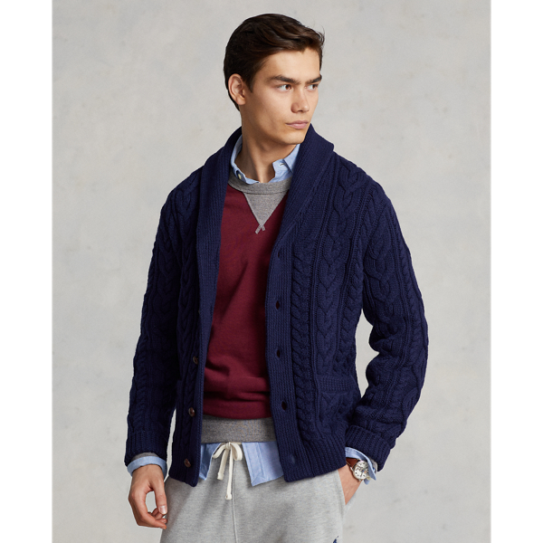 Hunter Navy Aran-Knit Wool-Cashmere Shawl Cardigan Polo Ralph Lauren 7