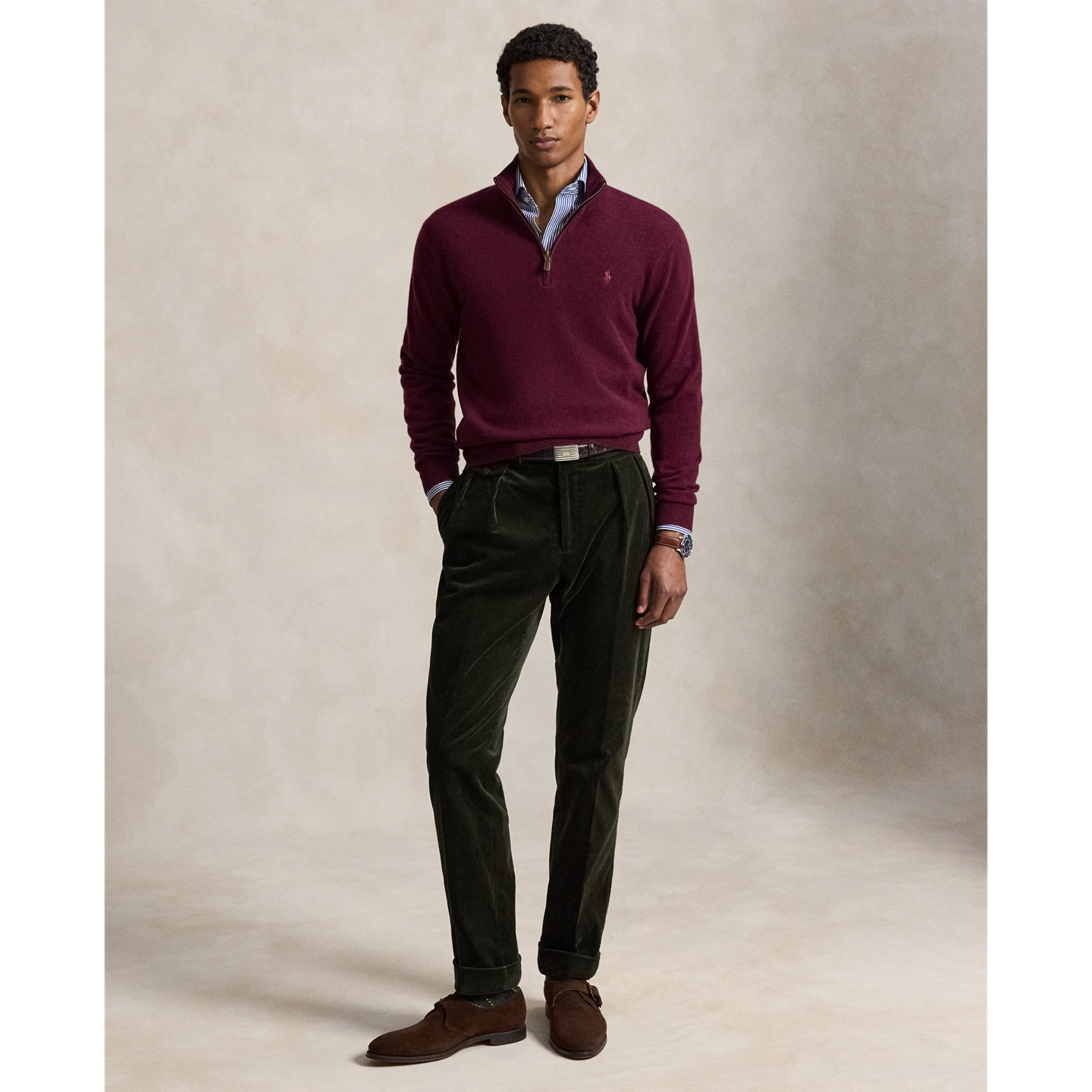Мужской свитер Ralph Lauren Wool Quarter-Zip, цвет: Винный меланжевый — фото 1