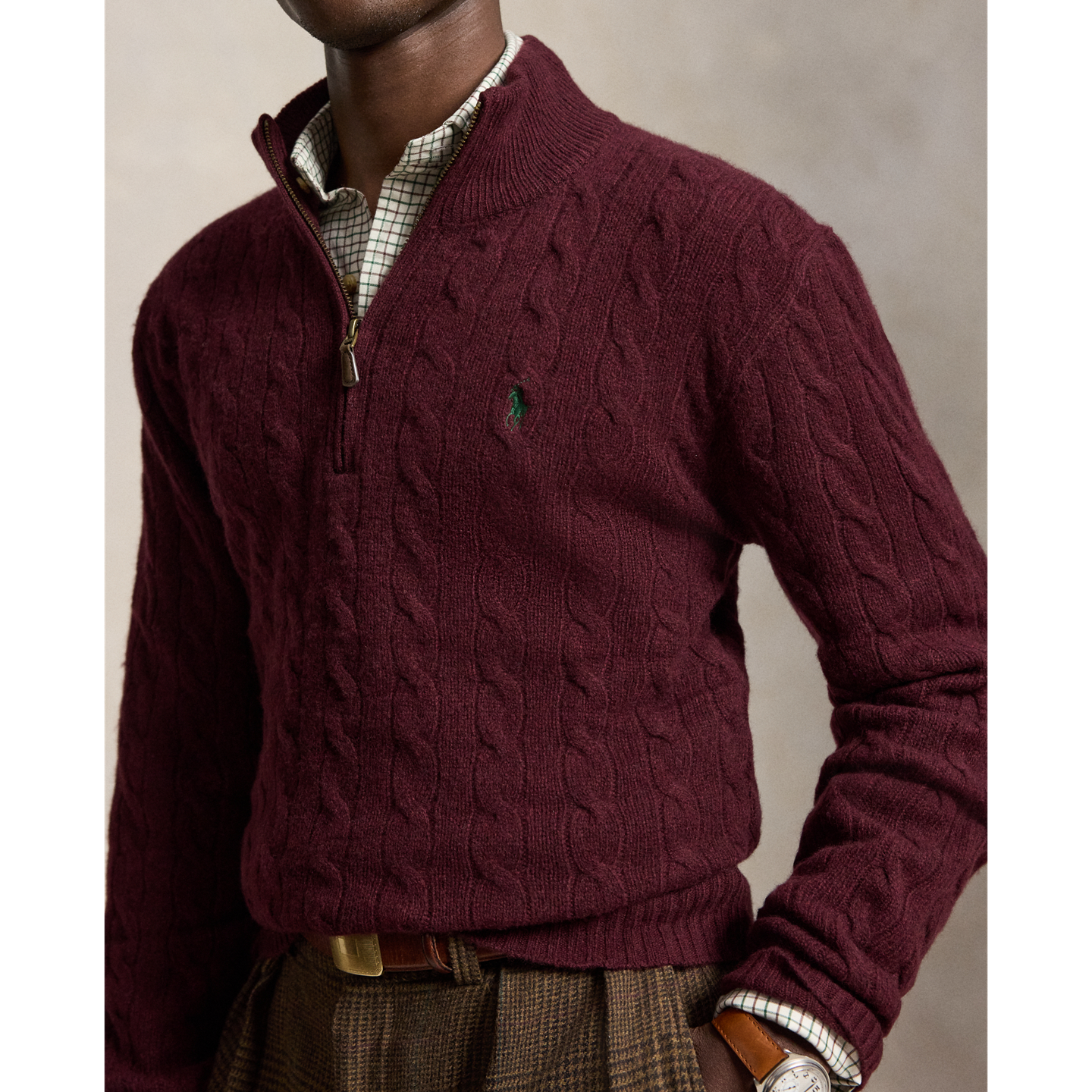 Мужской свитер Ralph Lauren Cable-Knit Quarter-Zip, цвет: Винный меланжевый — фото 3