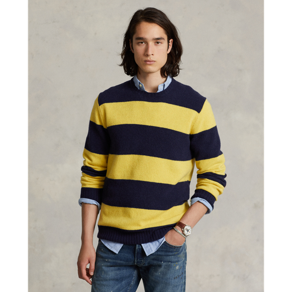 Hunter Navy Sungold Suede-Patch Striped Wool-Blend Sweater Polo Ralph Lauren 1