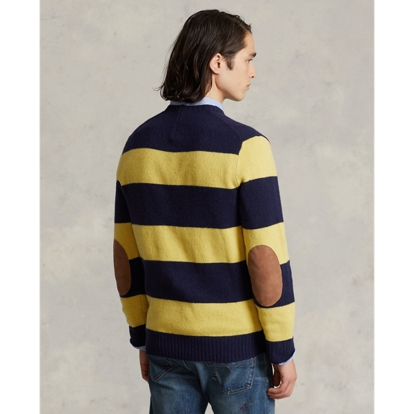 Hunter Navy Sungold Suede-Patch Striped Wool-Blend Sweater Polo Ralph Lauren 5