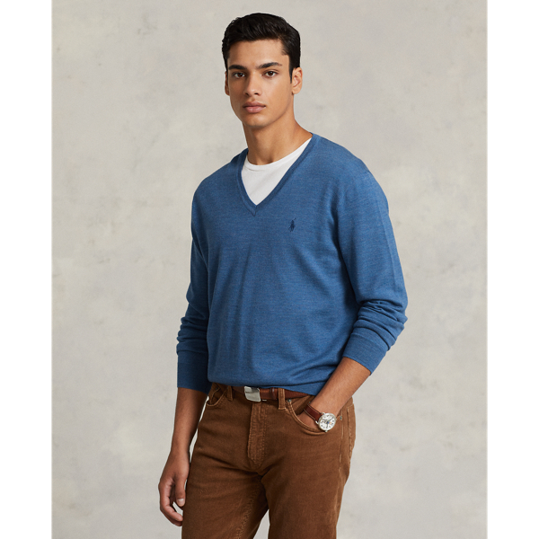 Twilight Blue Heather Washable Wool V-Neck Sweater Polo Ralph Lauren 1