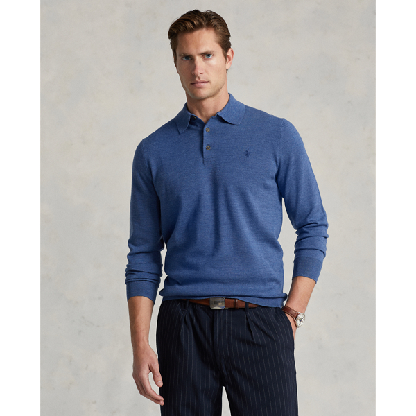 Twilight Blue Heather Washable Wool Polo-Collar Sweater Polo Ralph Lauren 1