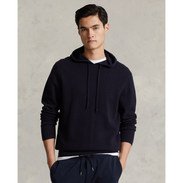 College Navy Mesh-Knit Cashmere Hooded Sweater RLX 1