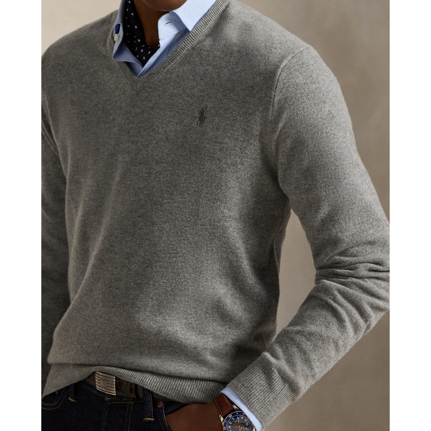 Мужской свитер Ralph Lauren Wool V-Neck, цвет: Палевый серый меланжевый — фото 3