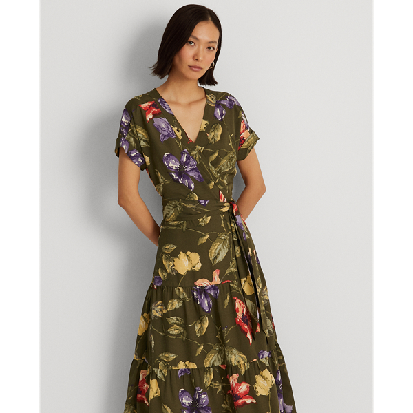 Olive Multi Floral Crepe Surplice Midi Dress Lauren 4