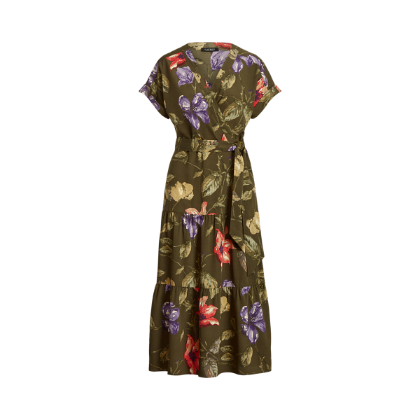 Olive Multi Floral Crepe Surplice Midi Dress Lauren 2