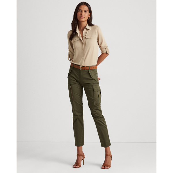 Dark Tropical Olive Cotton Sateen Cargo Pant Lauren 1