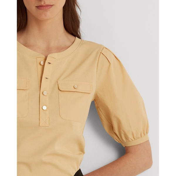 Pale Parchment Cotton Puff-Sleeve Henley Top Lauren Petite 6