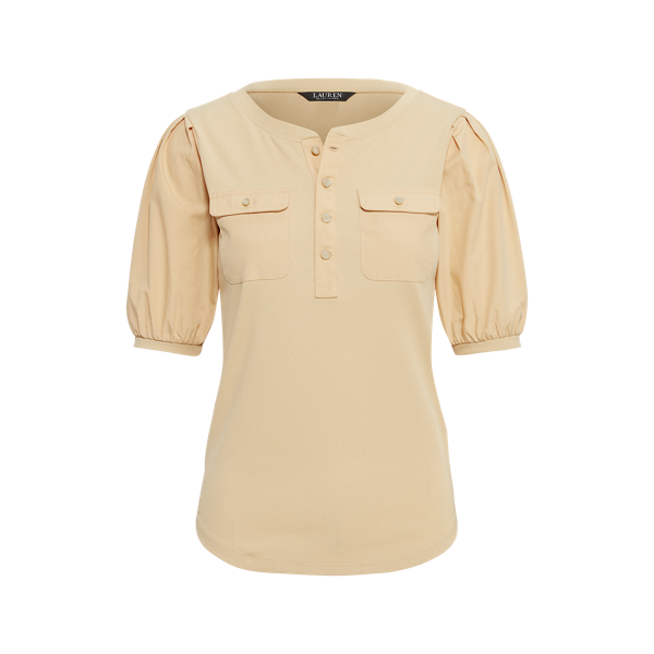 Pale Parchment Cotton Puff-Sleeve Henley Top Lauren Petite 2