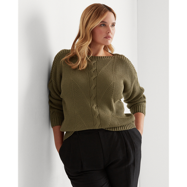 Olive Fern Cable-Knit Cotton-Blend Sweater Lauren Woman 1