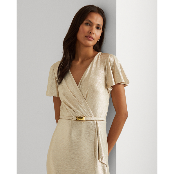 Beige/New Gold Foil-Print Flutter-Sleeve Gown Lauren 4