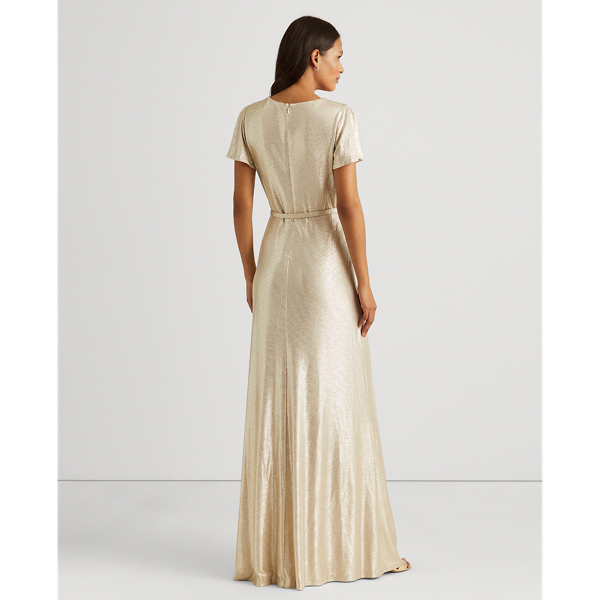 Beige/New Gold Foil-Print Flutter-Sleeve Gown Lauren 5
