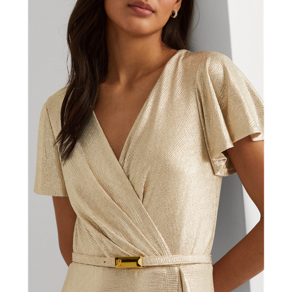 Beige/New Gold Foil-Print Flutter-Sleeve Gown Lauren 6