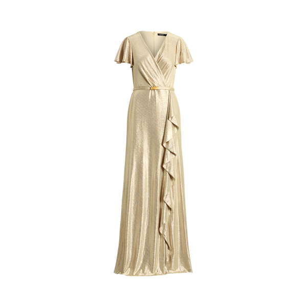 Beige/New Gold Foil-Print Flutter-Sleeve Gown Lauren 2