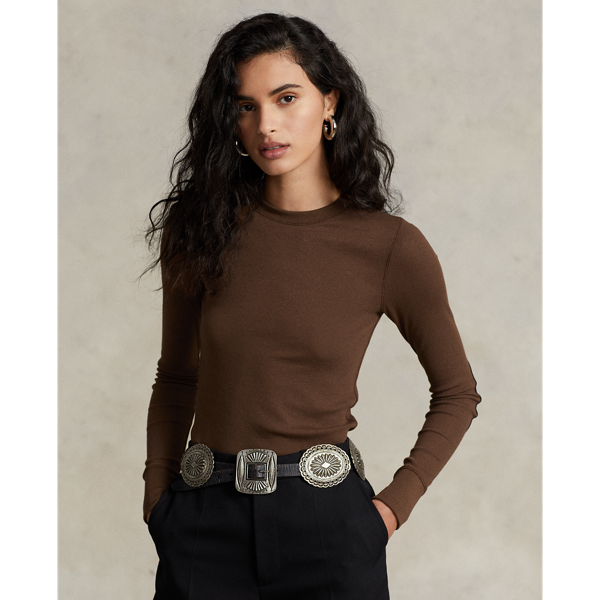 Pale Russet Ribbed Suede-Trim Long-Sleeve Tee Polo Ralph Lauren 1