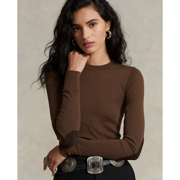 Pale Russet Ribbed Suede-Trim Long-Sleeve Tee Polo Ralph Lauren 6