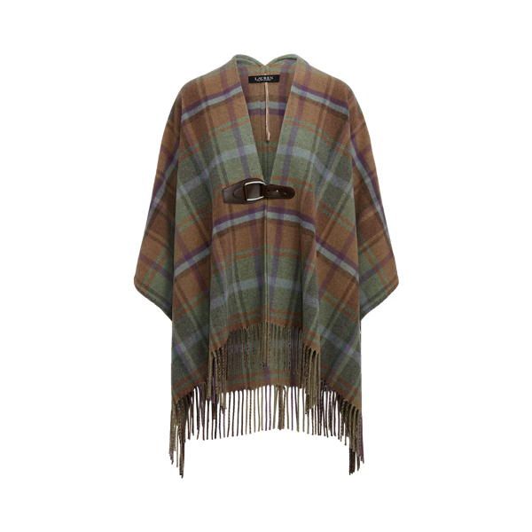 Plaid Fringe-Trim Wool-Blend Poncho Lauren 1