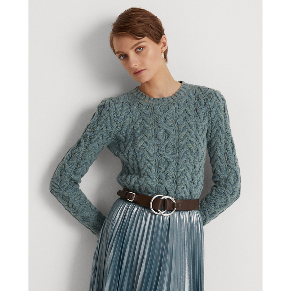 Light Teal Heather Aran-Knit Wool-Cashmere Sweater Lauren 1
