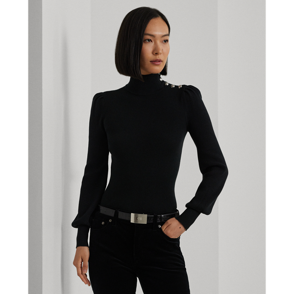 Polo Black Button-Trim Mockneck Sweater Lauren 1